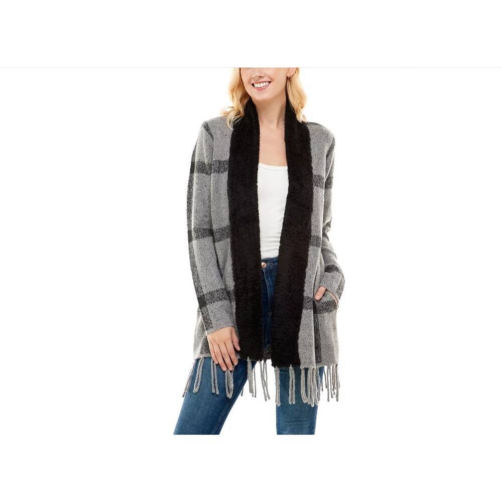 Women's Long Sleeve Jacquard Cardigan with Sherpa Detail And Fringe Sz Large
